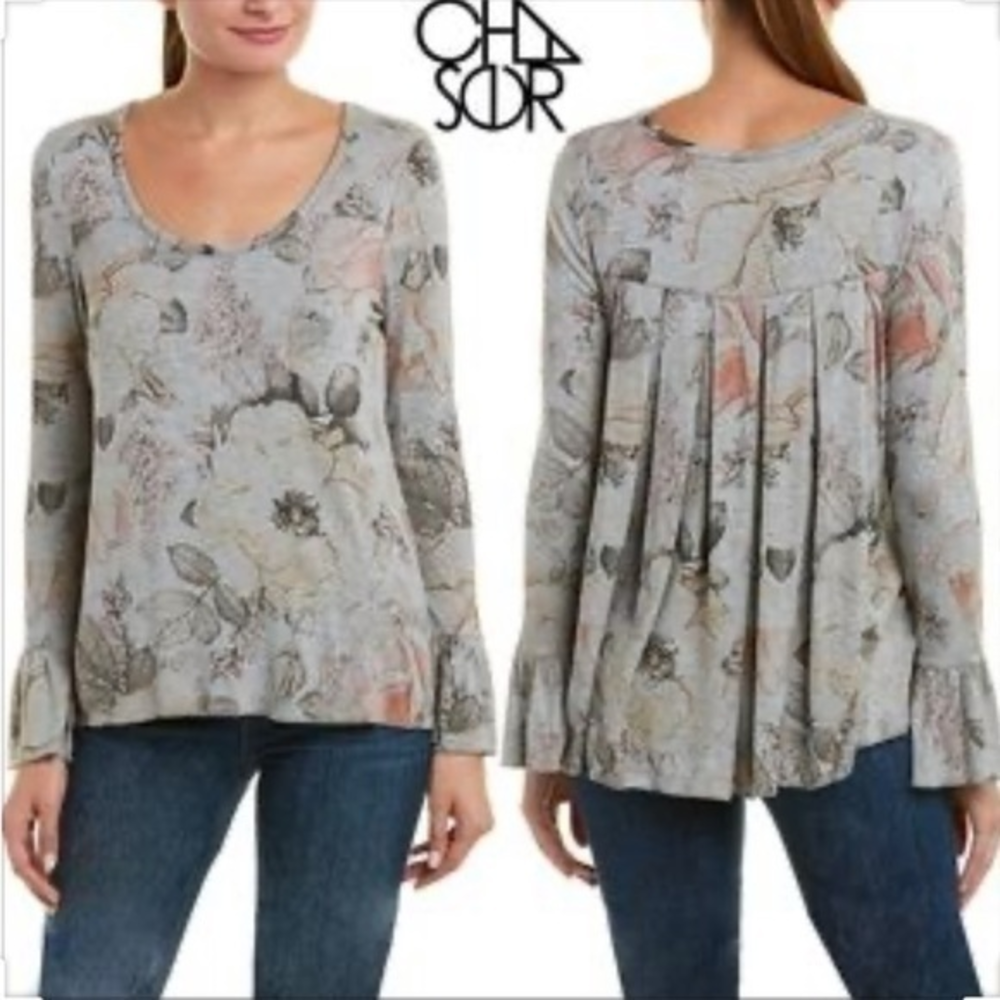 Chaser Grey Floral Long Sleeve Top Peplum pleated‎